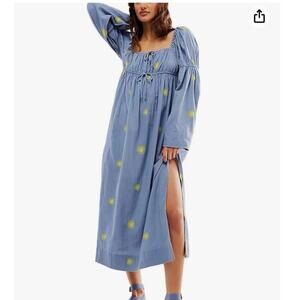 NWT Free People Emory Embroidered Midi Dress Small Blue Cottagecore Floral $175